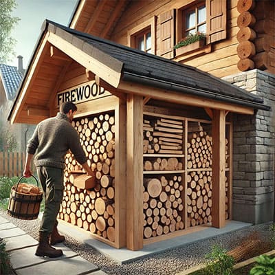 Bucher bois installé devant un chalet