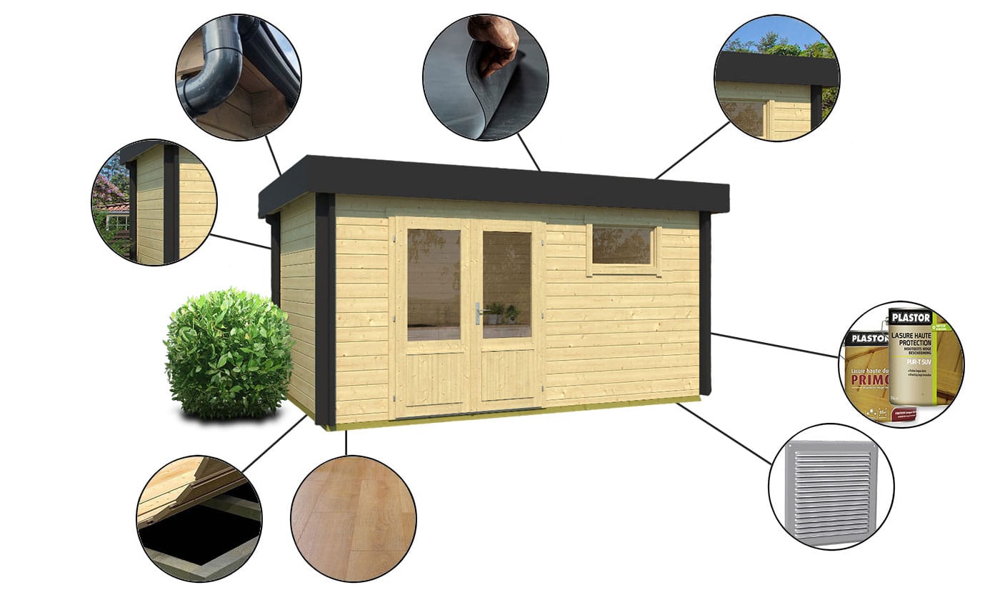 Détails d'un abri de jardin madriers 44mm à toit plat