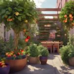 JBalcon aménagé avec arbres fruitiers, arbustes et plantes aromatiques