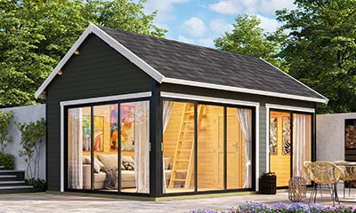 Abri de jardin avec peinture gris anthracite et bords blancs
