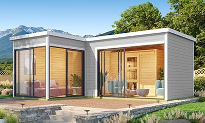 Studio de jardin gris clair et blanc