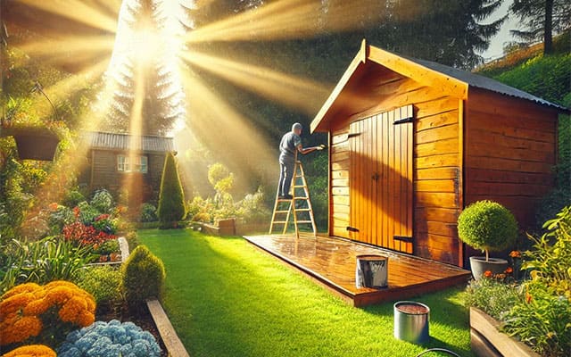 Application lasure sur un abri de jardin en bois