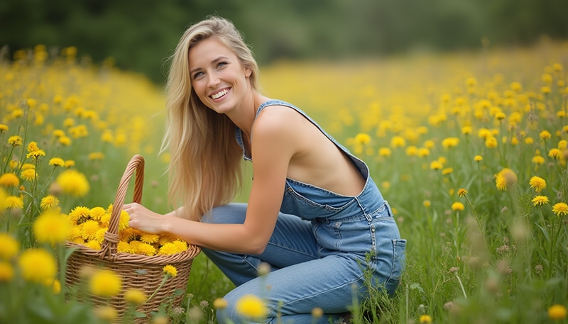 Ramassage des fleurs de pissenlit pour préparation cramaillote